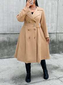 Flirla Hơn Đôi ngực Thắt lưng Áo khoác Trench - Màu Khaki - Xem 3