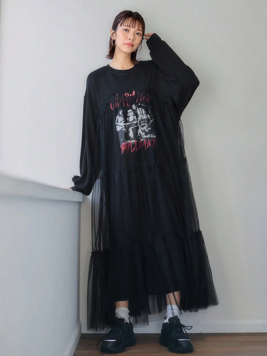 FRIFUL Cartoon Character Print Mesh Splicing Women's Dress,Ruffle,Fall Dress - Black - View 1