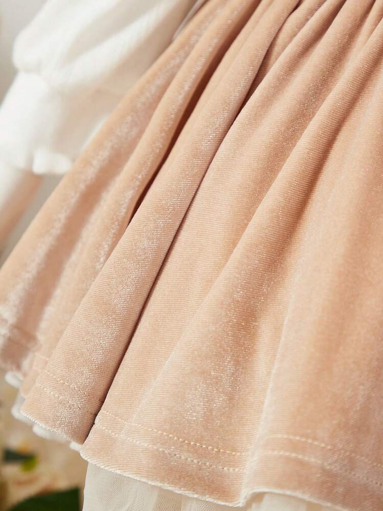 Baby Girl Bow Detail Mesh Lined Gown Dress With Tee