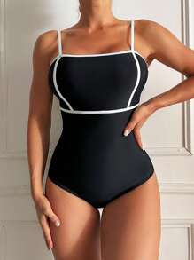 SHEIN Swim 女士撞色邊框性感連身泳衣 - 黑色 - 查看 1