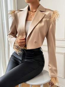 SHEIN Privé 毛茸邊單釦短款緞面西裝外套 - 香檳色 - 查看 7