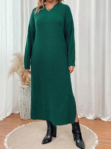 SHEIN LUNE Plus Size Loose Shoulder Drop Slit Hem Sweater Dress - Dark Green - View 5