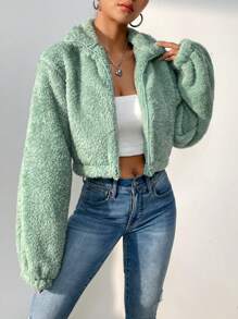 SHEIN Unity Dây kéo Mùa vụ 	
Fuzzy Áo khoác - Màu xanh Bạc hà - Xem 5