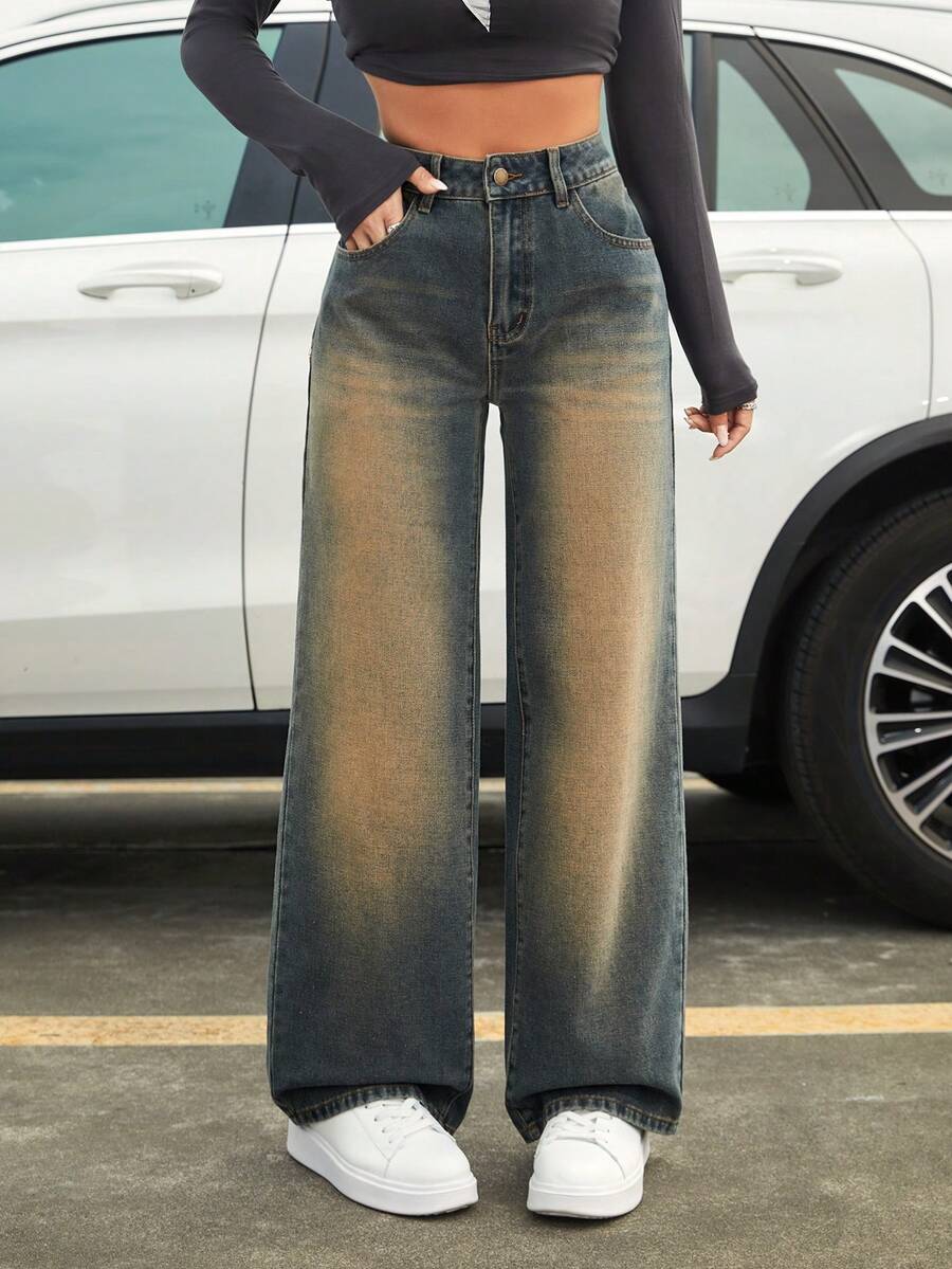SHEIN ICON Dây kéo bay quần ống rộng Quần jean - Màu xanh lam - Xem 1