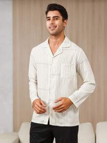Men Striped Print Pocket Patched Sleep Top - Beige - View 4