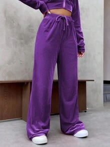 SHEIN Essnce Eo đàn hồi Tie Trước quần ống rộng Quần thể thao - Màu tím - Xem 3