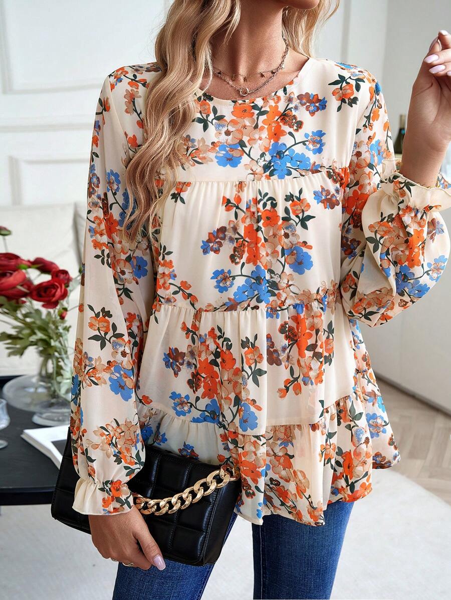 SHEIN Essnce 印花荷葉邊襯衫 - 杏色 - 查看 1