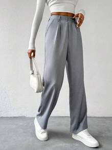 SHEIN Privé Cao eo Chi tiết nếp Quần tây - Xám - Xem 6