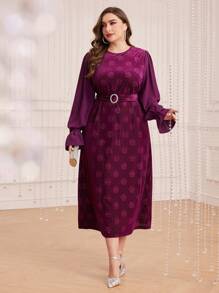 Modelyn Hơn Hoa Dệt hoa tay áo lá sen Váy có thắt lưng - Màu tím - Xem 6