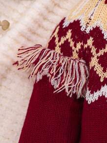 SHEIN Baby Girls' Geometric Patterned Casual Loose Fit Fringed Round Neck Pullover Sweater With  Long Raglan Sleeve - Multicolor - View 4