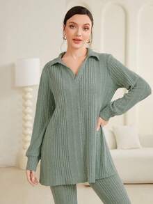 Mulvari 女士肋紋針織上衣和褲子套裝 - 綠色 - 查看 4
