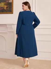 Modelyn Plus Notched Neckline Rhinestone Detail Dress - Teal Blue - View 2