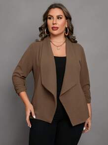 SHEIN Clasi Talla grande Blazer de cuello cascada de manga fruncido con parte delantera abierta - Camel - Ver 1