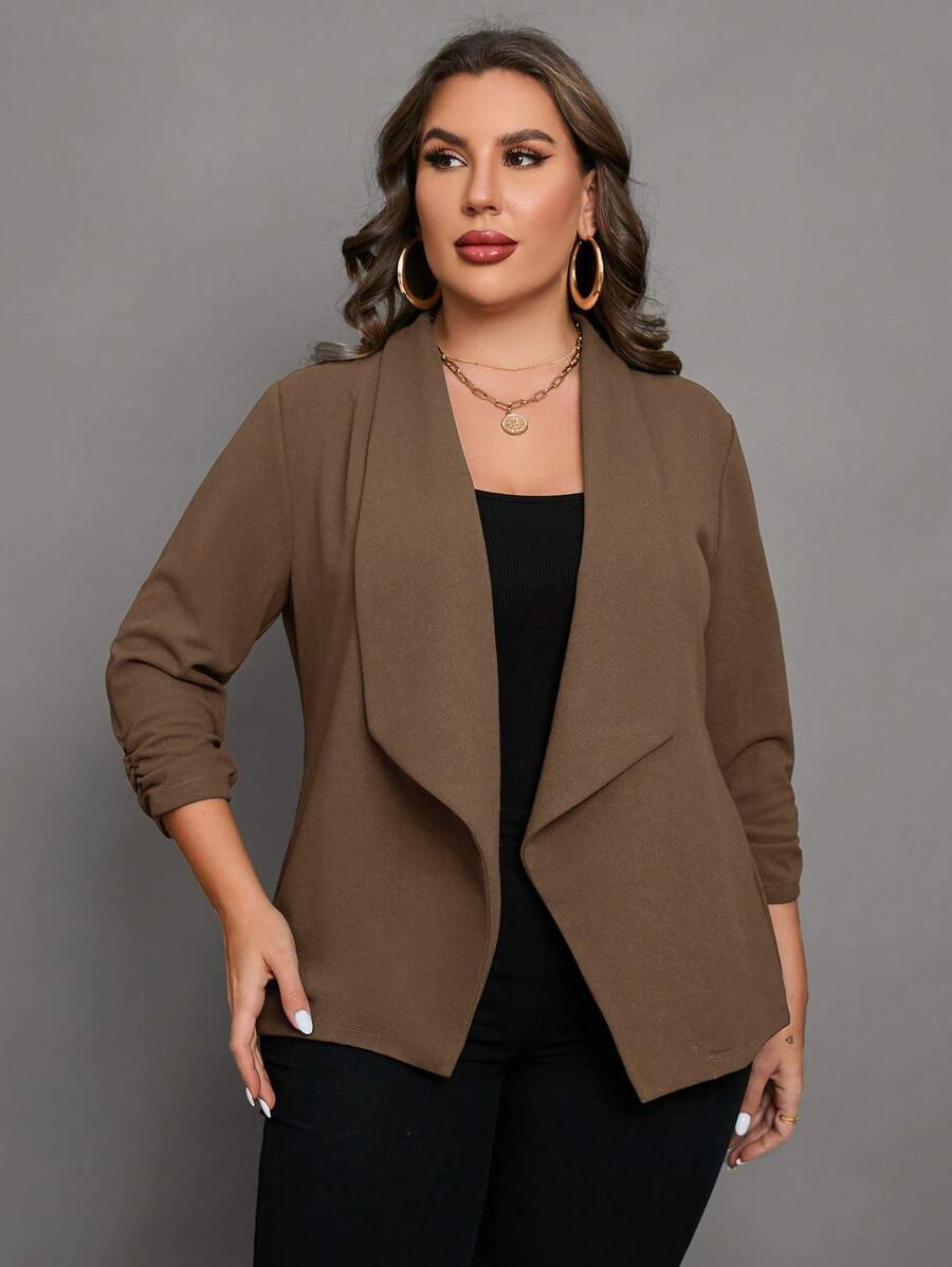 SHEIN Clasi Talla grande Blazer de cuello cascada de manga fruncido con parte delantera abierta - Camel - Ver 1