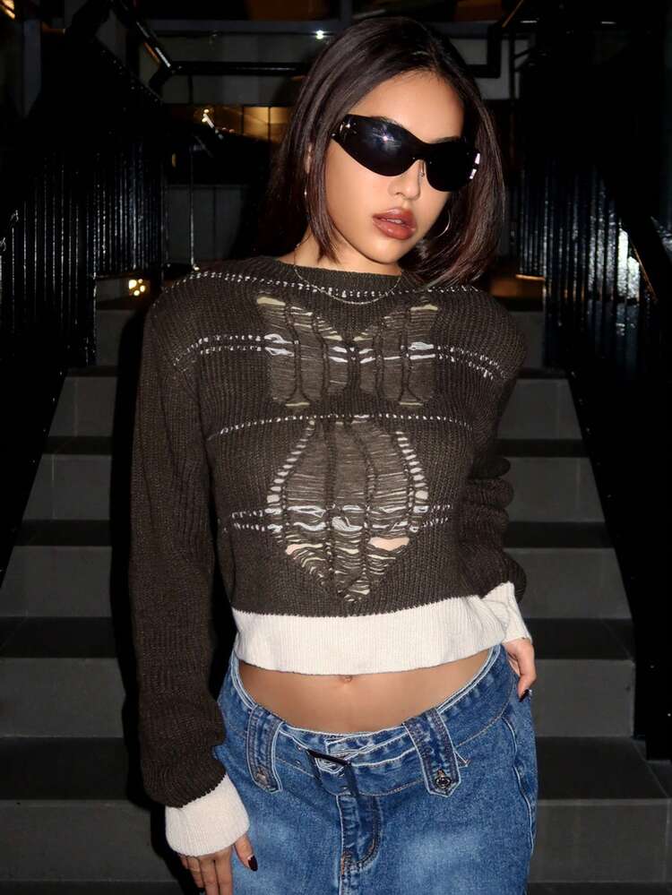 Ripped Drop Shoulder Crop Sweater
