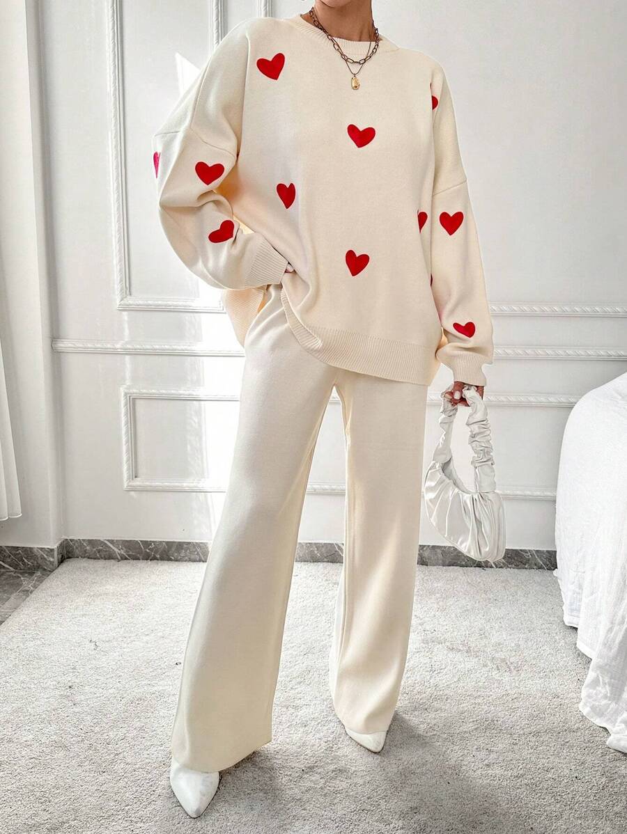 EURMUSE Heart Pattern Drop Shoulder Sweater & Knit Pants - White - View 1