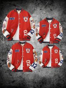 SHEIN Girls' Patch Printed Baseball Jacket For Family Look (4pcs Sold Separately) - Red - View 6