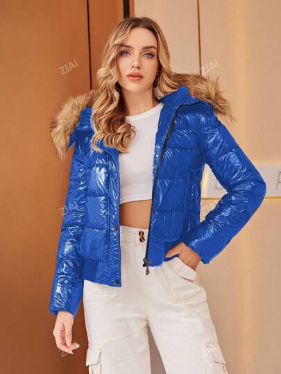 SHEIN ファー付き ショート丈ジャケット 襟付きショート丈ファージャケット[品番：SHNW0012007]｜LADY