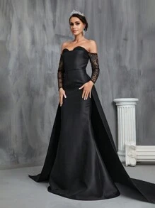 Contrast Lace Off Shoulder Floor Length Wedding Dress - Black - View 7