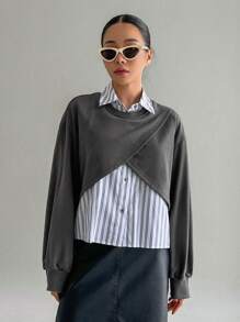 Dazy Star Solid Wrap Front Drop Shoulder Crop Sweatshirt Without Shirt