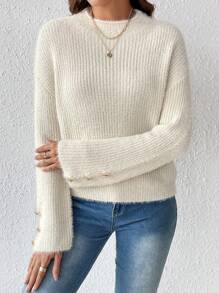 SHEIN LUNE Mock Neck Drop Shoulder Button Detail Sweater Knit Pullover Fall Winter Outfit