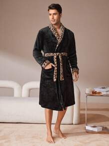 Bata De Baño Con Cinturón Para Hombre Con Estampado De Leopardo - Negro - Ver 4
