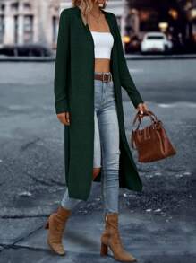 SHEIN LUNE Chất rắn Mở Mặt trước Thả vai Viền chia cắt Áo len Duster - Màu xanh lá cây đậm - Xem 5