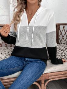 SHEIN LUNE 拼接半拉鍊束口連帽衛衣 - 彩色 - 查看 6