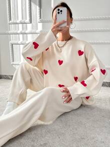 EURMUSE Heart Pattern Drop Shoulder Sweater & Knit Pants - White - View 2