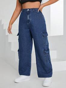 SHEIN EZwear Hơn Cao eo Túi nắp bên cạnh Quần jean chở hàng - Rửa tối - Xem 4