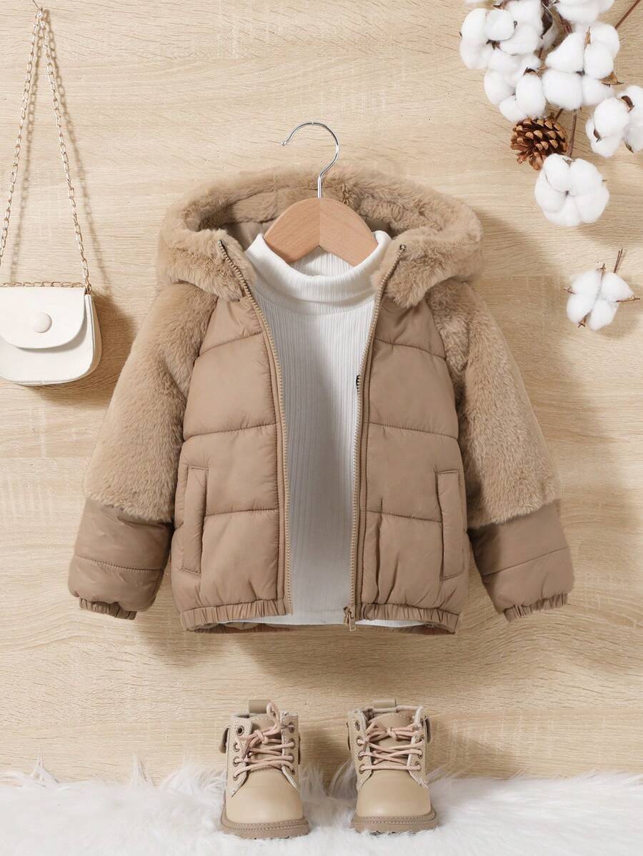 SHEIN Baby Girl Fuzzy Trim Hooded Padded Coat Without Sweater - Pink - View 1