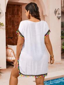 SHEIN Swim Curve Summer Beach Plus Floral Crochet Tassel Trim Cover Up - White - View 2