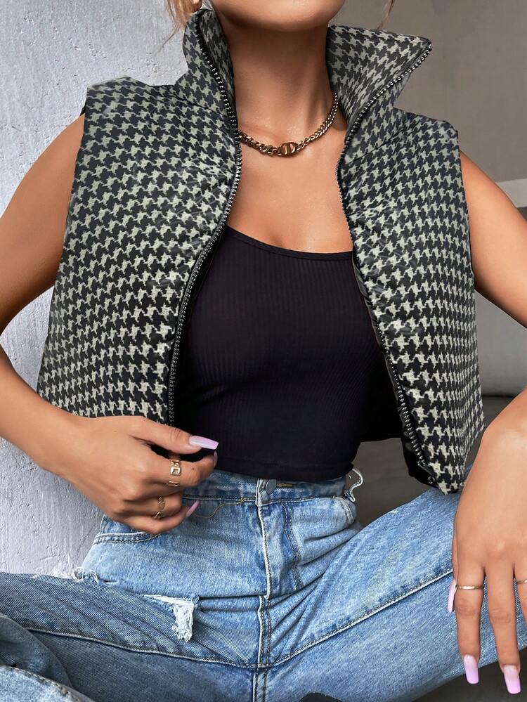 Houndstooth Print Zip Up Crop Vest Padded Padded Coat Clothes Winter