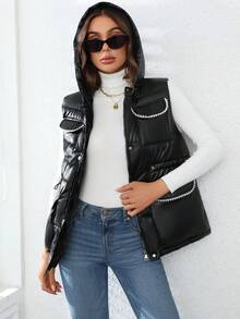 SHEIN Essnce 女士冬季服装仿珍珠装饰丝带系腰无袖连帽加厚棉服外套 - 黑色 - 查看 3