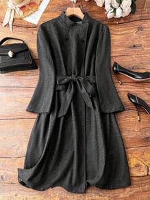 SHEIN CURVE+ Plus Solid Belted Overcoat - Dark Grey - View 1