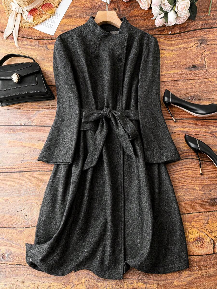 SHEIN CURVE+ Plus Solid Belted Overcoat - Dark Grey - View 1
