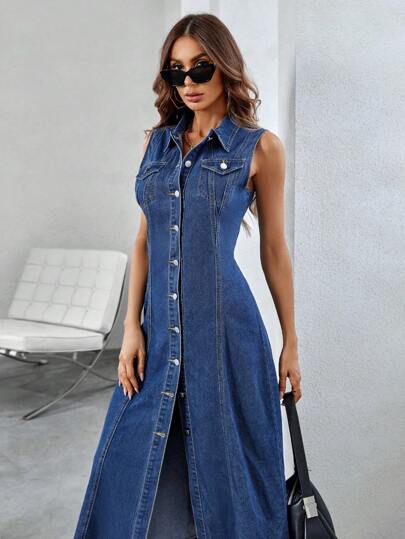 Flexra Flap Pocket Button Front Denim Dress