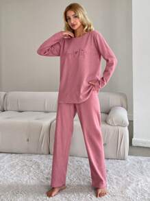 RueChic Text Printed Pajama Set - Pink - View 3
