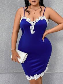 SHEIN Allurite Hơn Đồ trang trí Lace hoa văn Váy Cami Bodycon - Xanh đậm - Xem 5
