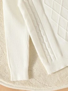 SHEIN Young Boy Turtleneck Cable Knit Sweater - White - View 3