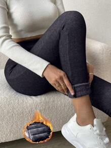 SHEIN Essnce Solid Thermal Lined Leggings - Navy Blue - View 1