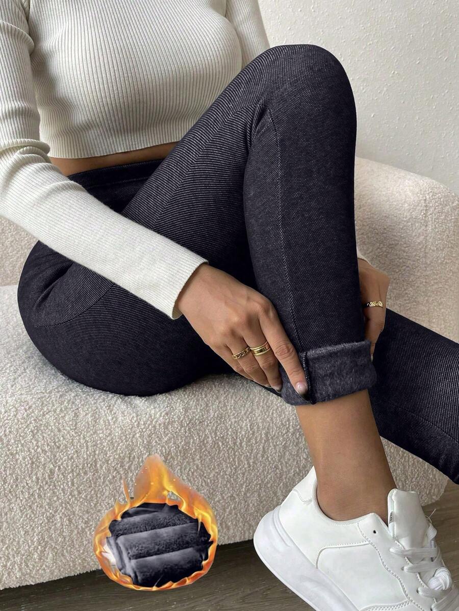 SHEIN Essnce Solid Thermal Lined Leggings - Navy Blue - View 1