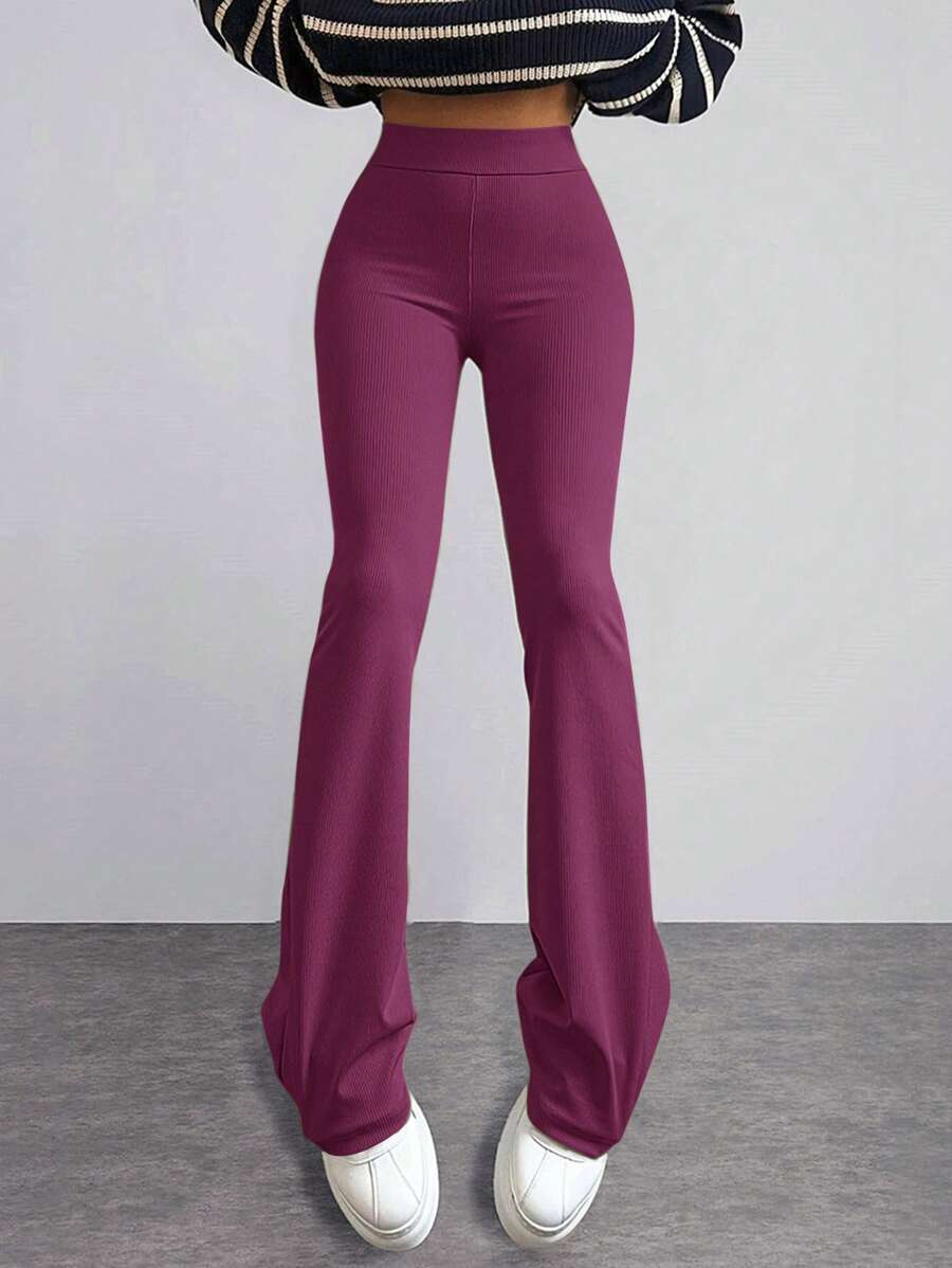 EURMUSE Solid Flare Leg Pants - Red Violet - View 1