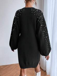 SHEIN LUNE Ngọc trai đính cườm Tay áo lồng đèn Đầm Áo len - màu đen - Xem 2