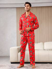 Men's Red Knitted Christmas Tree Print Pajama Set Lapel Button Front Regular Sleeve High Stretch Loungewear - Red - View 5