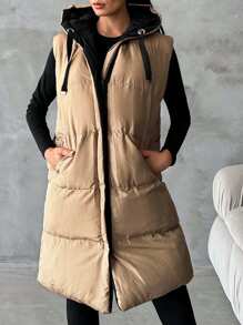 EURMUSE Zip Up Hooded Puffer Vest Coat - Black - View 5