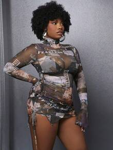 Slaydiva Figure & Letter Graphic High Neck Mesh Bodycon Dress Without Lingerie Set - Multicolor - View 4