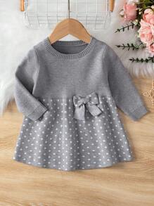 Baby Girls' Polka Dot Pattern Sweater Dress With Bowknot Decoration