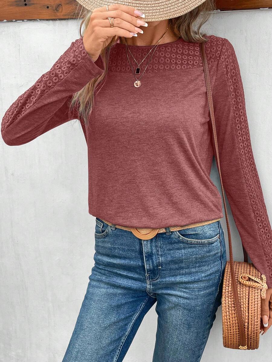 SHEIN Frenchy 素色拼接網眼刺繡T恤 - 乾枯玫瑰色 - 查看 1