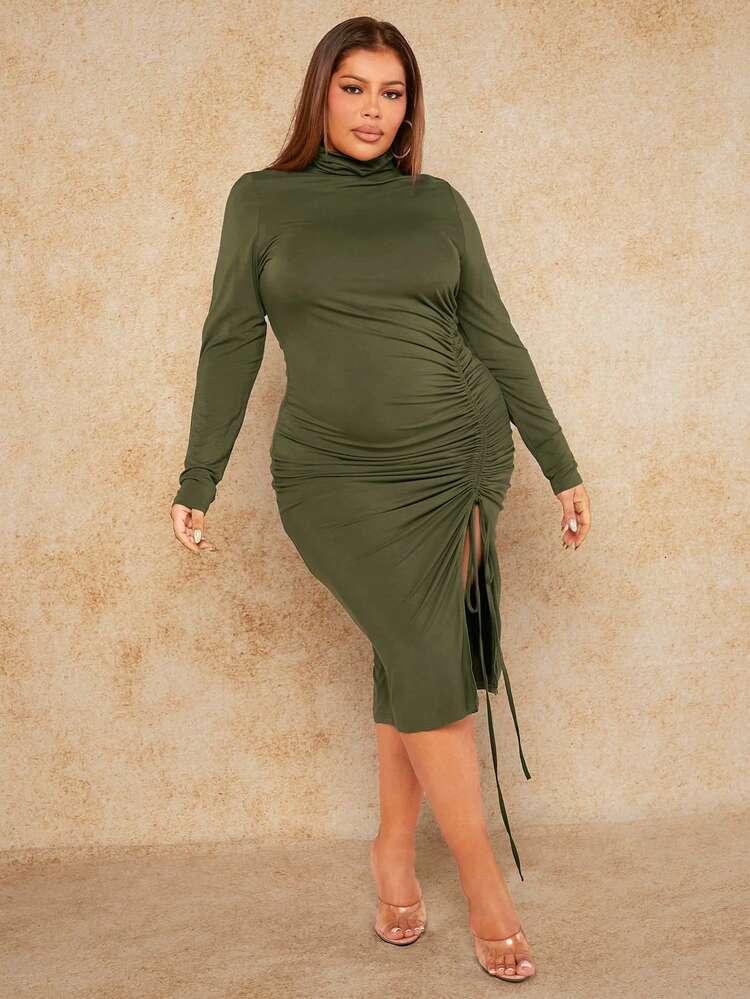 Plus Size Drawstring Split Hem Dress New Years Women Outfit Christmas Green Dress